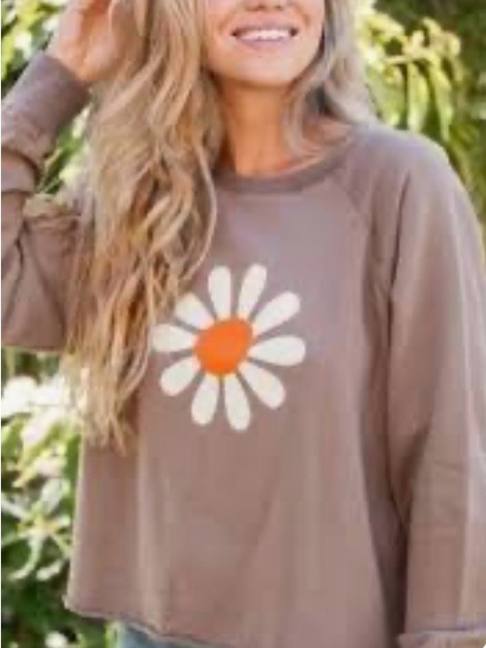 Natural Life Daisy Graphic Cropped Sweatshirt Brown Raw Hem Boho Earthy Small